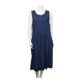 Vintage Y2K Denim Dress Size Large Eddie Bauer Button Pockets 90s Modest Prairie